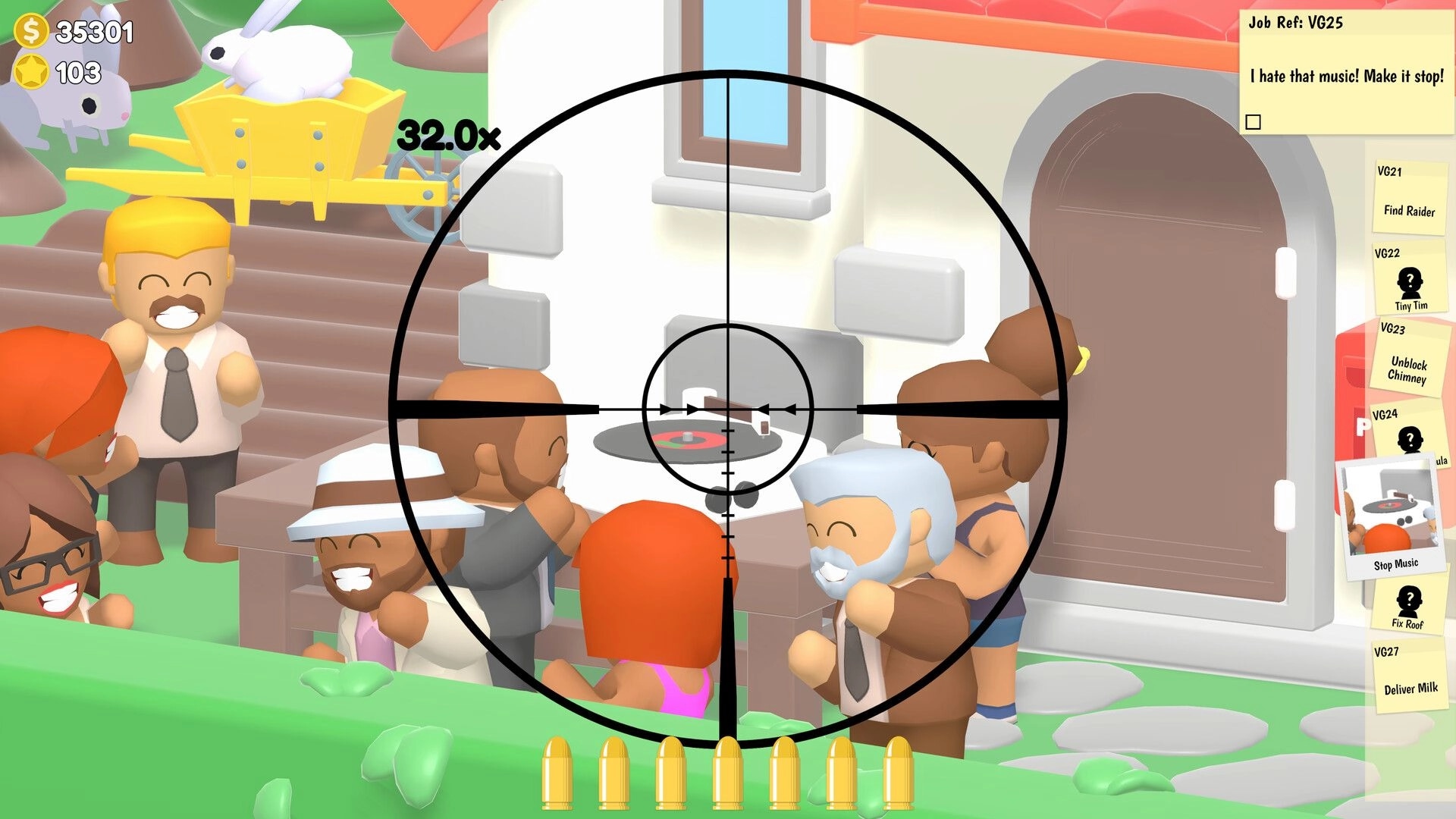 Sniper Dan: 32x scope aims at a record player by a house door as villagers crowd around, job list open.