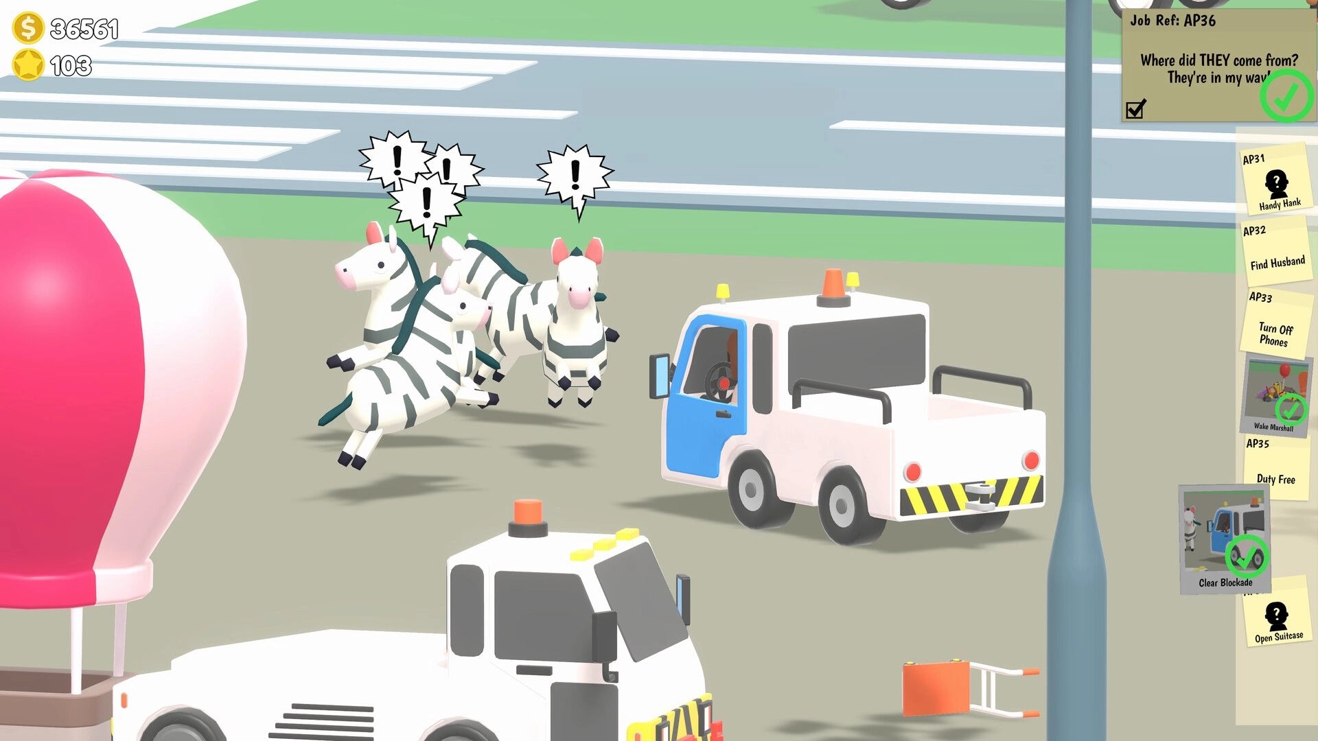 Sniper Dan: Zebras with alert icons block the road beside tow trucks, job list UI on right side.