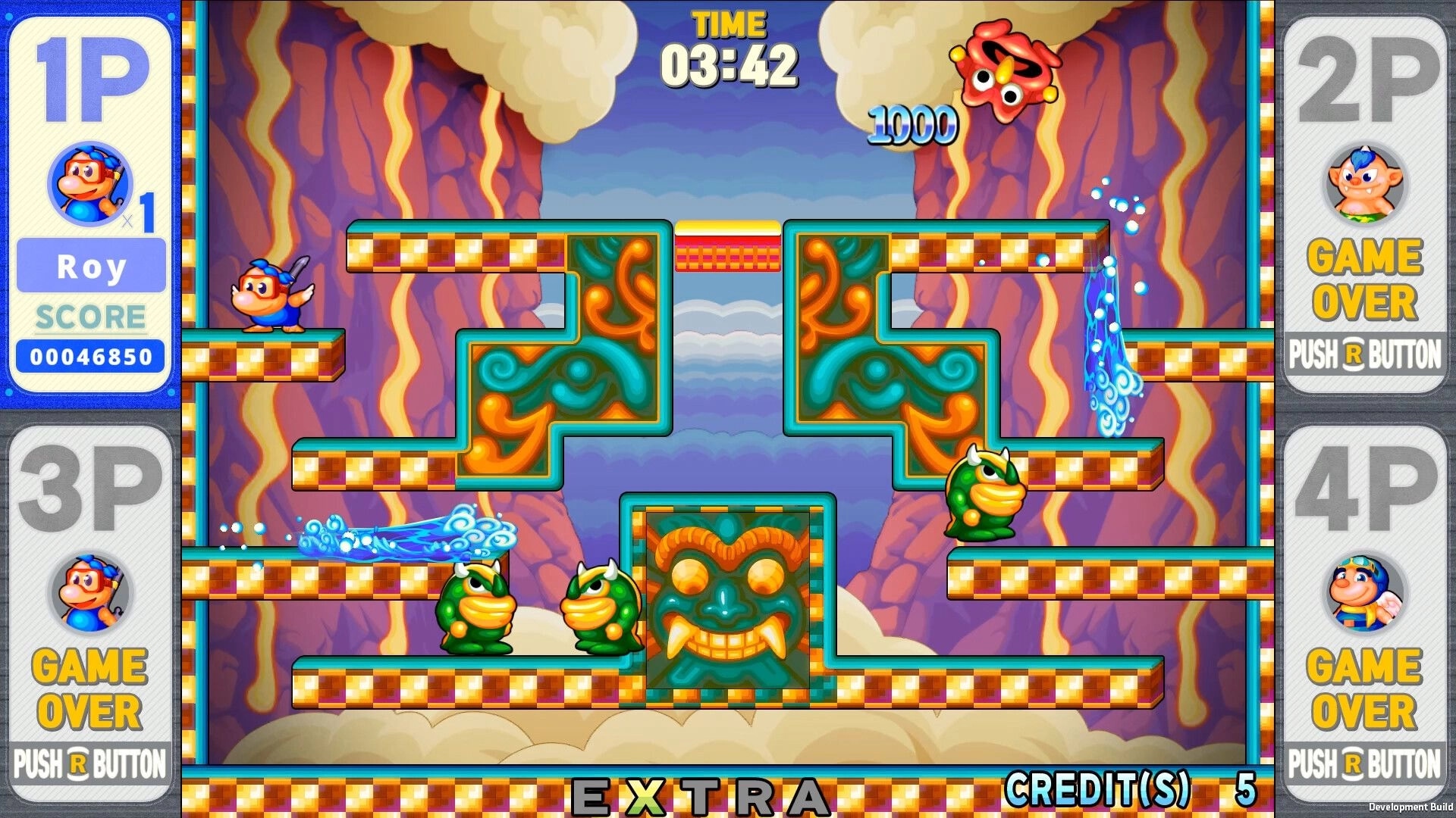SNOW BROS. 2 SPECIAL: Roy jumps between platforms in a colorful canyon with enemy creatures below.