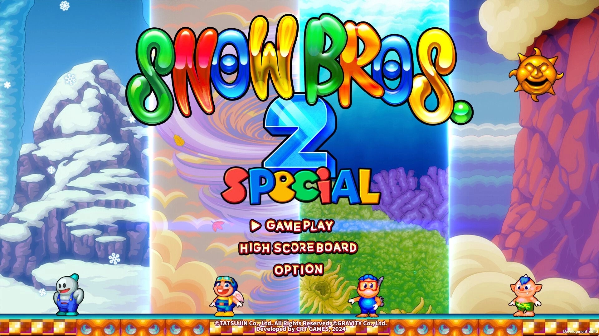 SNOW BROS. 2 SPECIAL: Colorful title screen with gameplay options and four character designs displayed