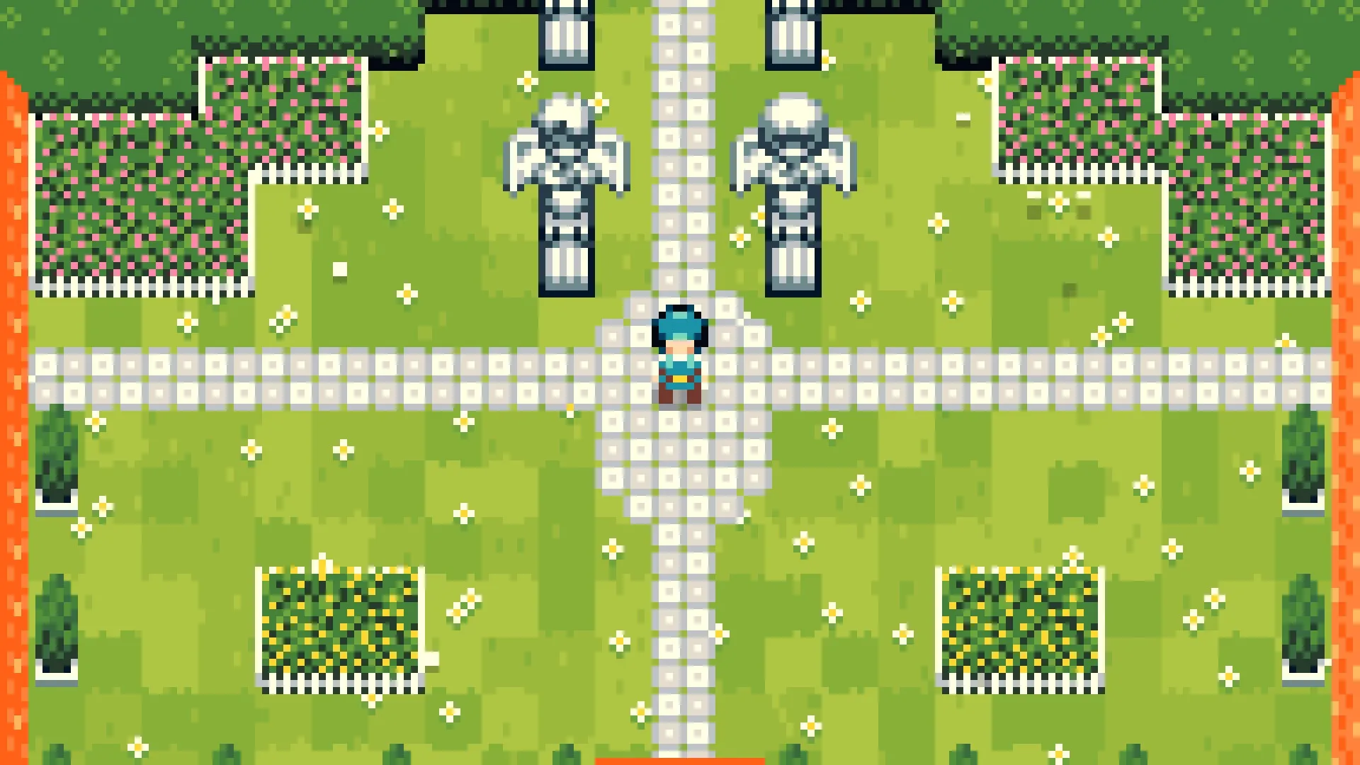 Snowmelt Manor: Character stands on a path surrounded by statues and gardens in a pixel art style.