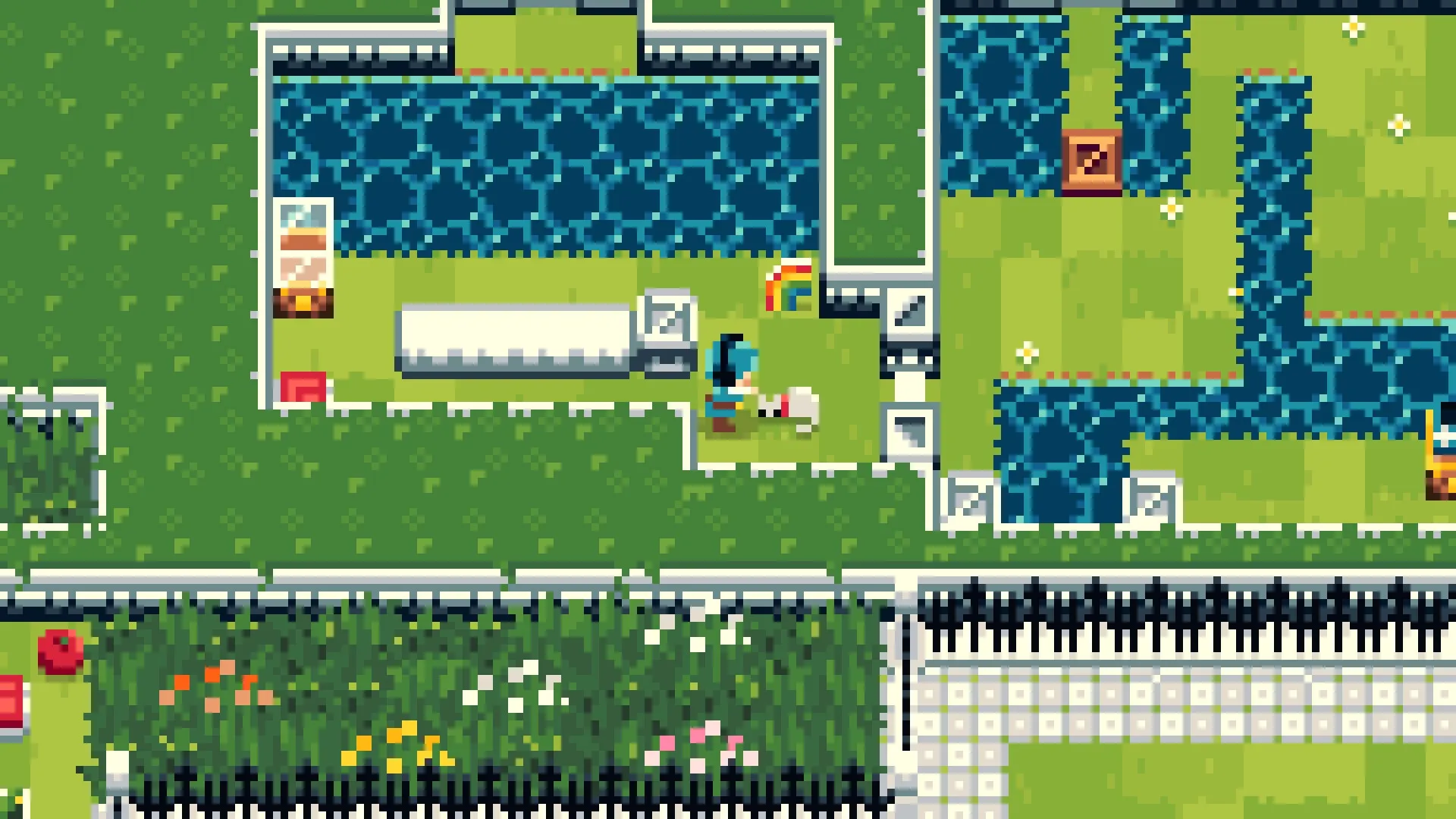 Snowmelt Manor: Character pushing a box near a blue water canal in a grassy puzzle area