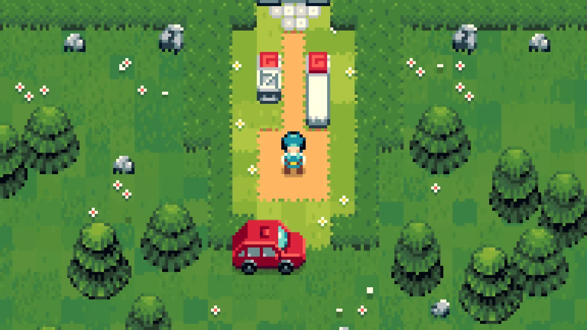 Snowmelt Manor: Character stands on path beside a red car, surrounded by trees and rocks in garden setting.