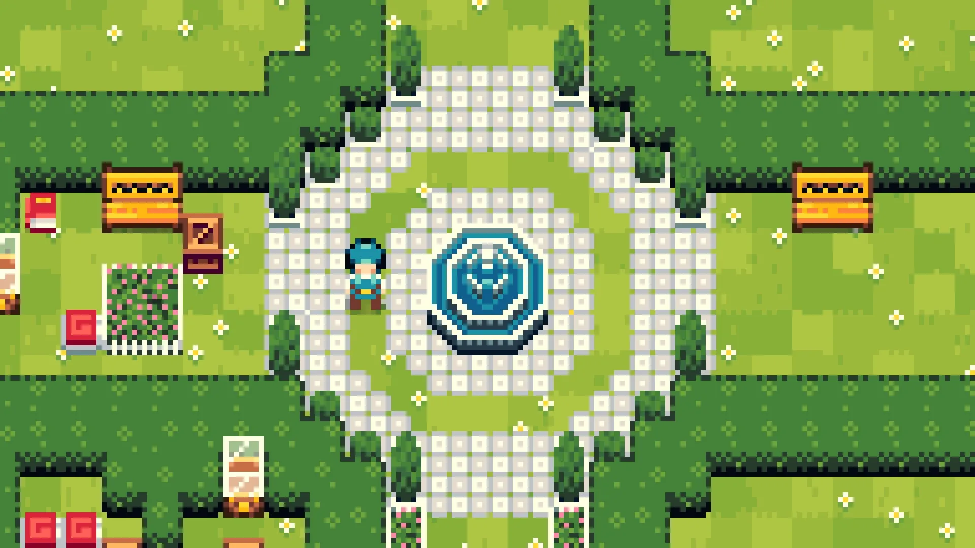 Snowmelt Manor: Character near a central fountain in a garden with benches and pushable boxes nearby