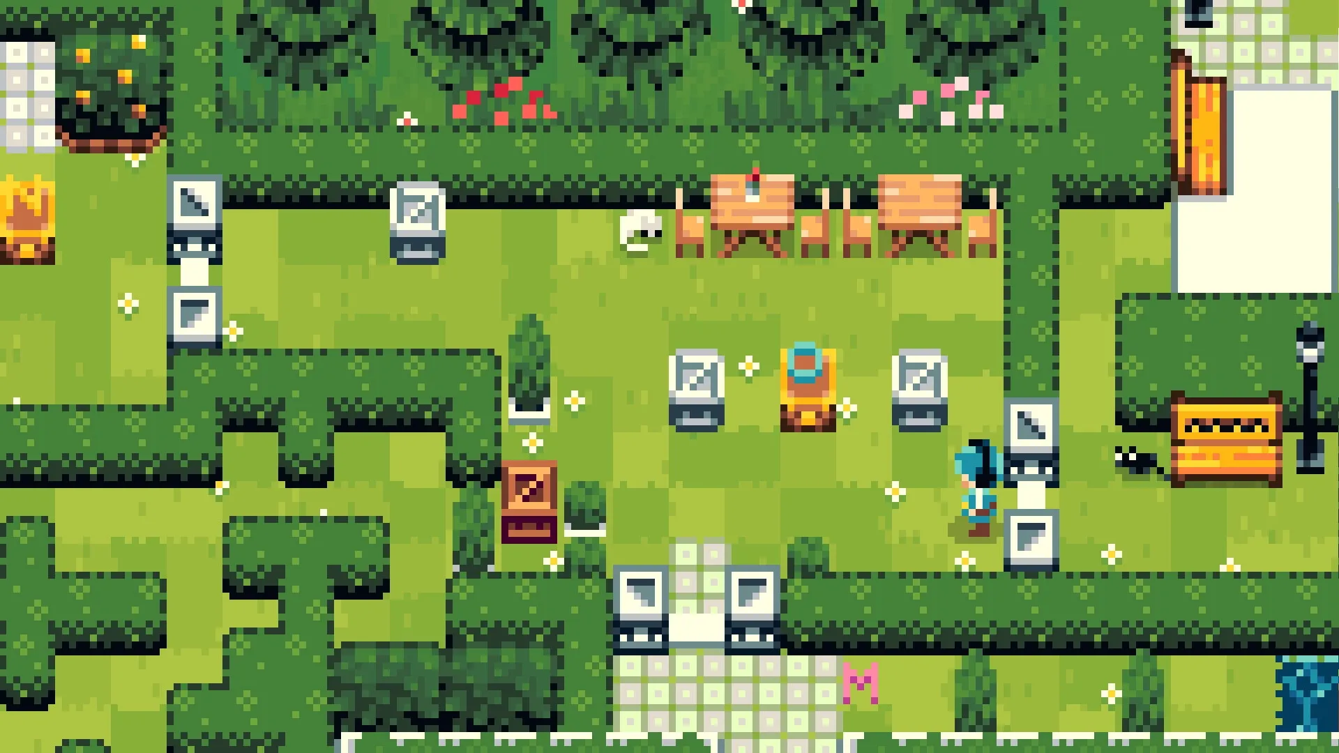 Snowmelt Manor: Character pushing boxes in a pixelated garden maze with benches and tables visible