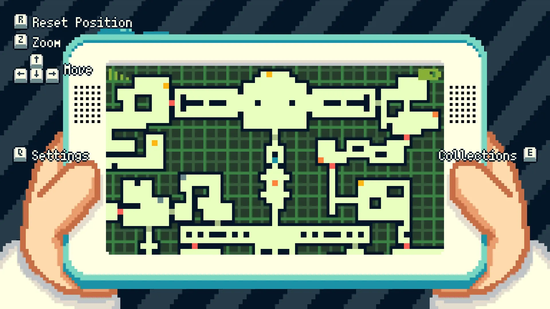 Snowmelt Manor: Player holds a tablet displaying a detailed map of the manor with control instructions visible.