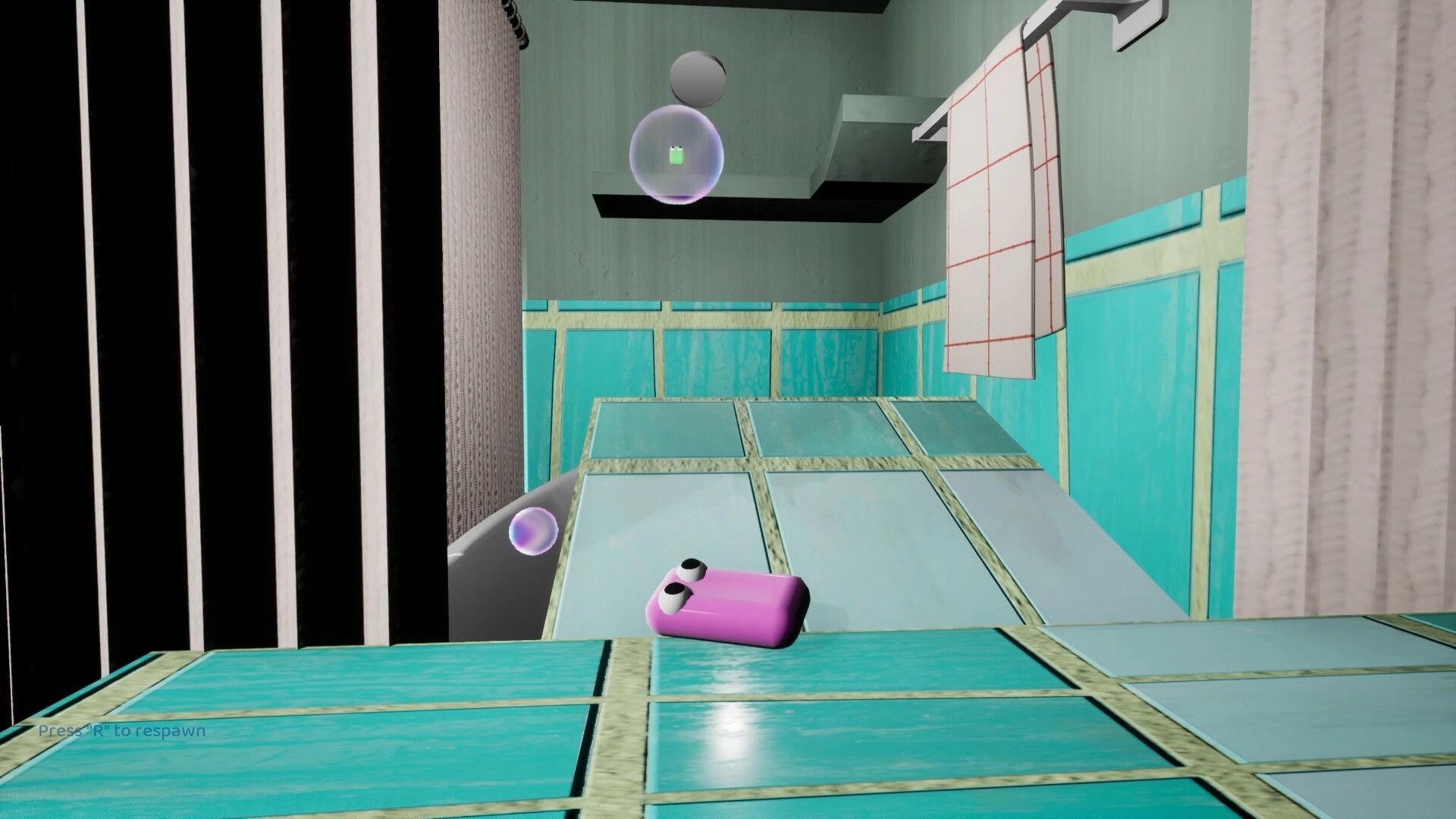 Soap Slide: Pink soap bar sliding down a bathroom ramp with bubbles and a towel hanging nearby