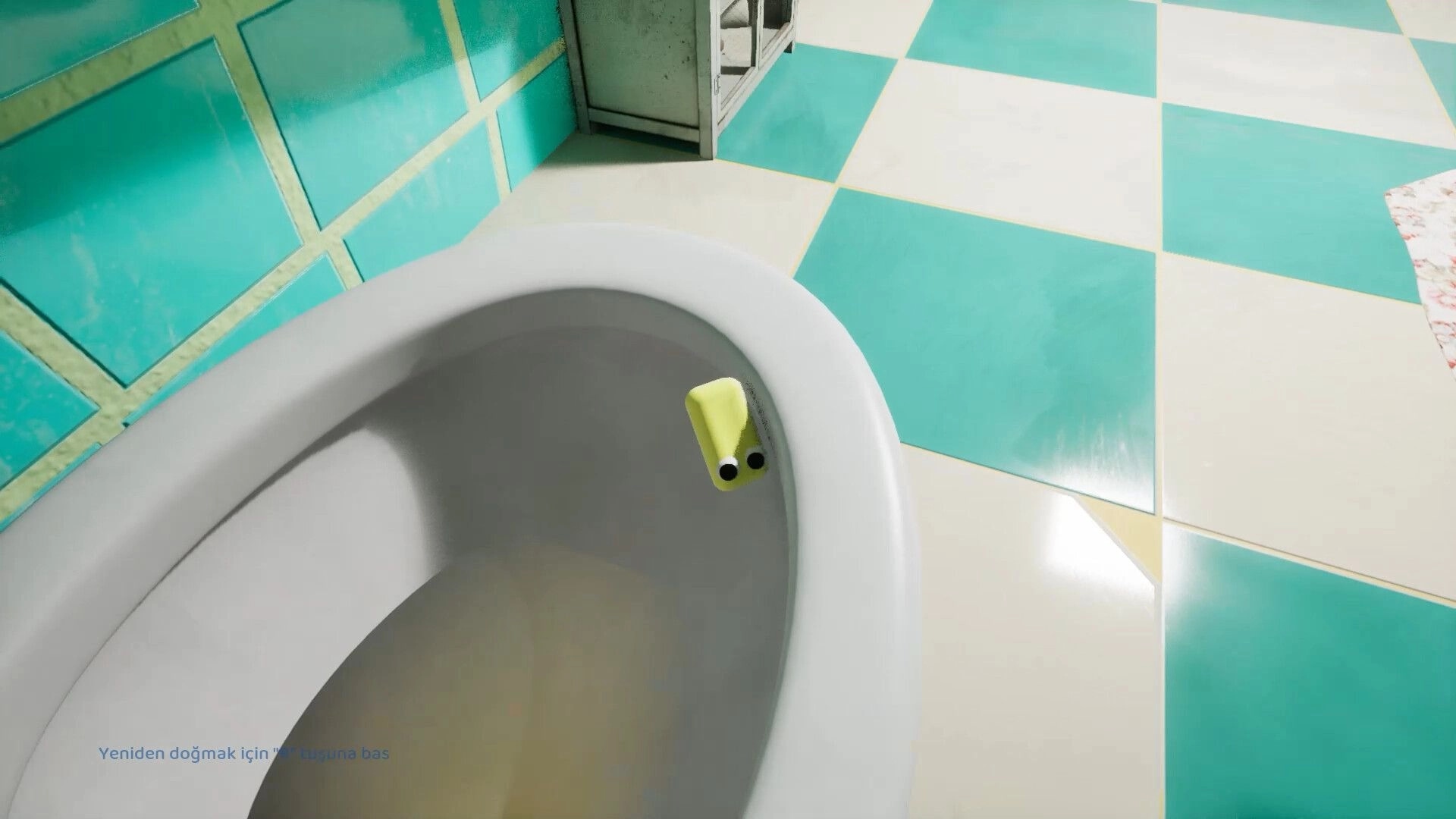 Soap Slide: Soap with googly eyes perched on bathtub edge in a vibrant teal and white tiled bathroom
