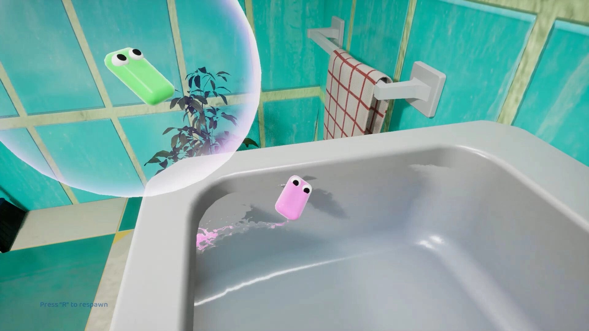 Soap Slide: Green and pink soap bars race on a bathroom sink with a towel hanging in the background.