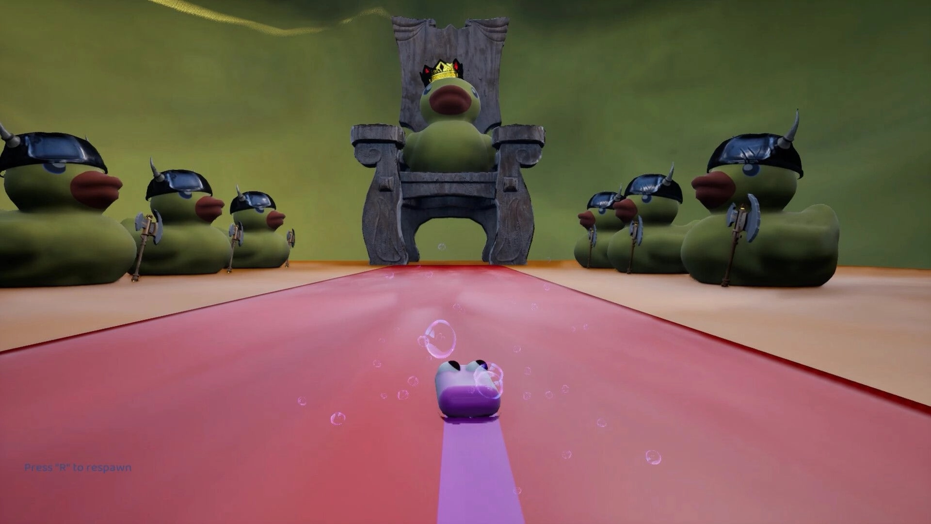 Soap Slide: Player slides towards throne with crowned duck, flanked by armored ducks in green chamber