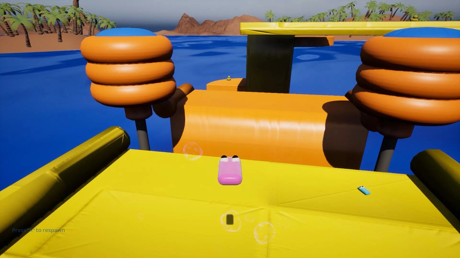 Soap Slide: Pink character sliding on a yellow platform with water and palm trees in the background.