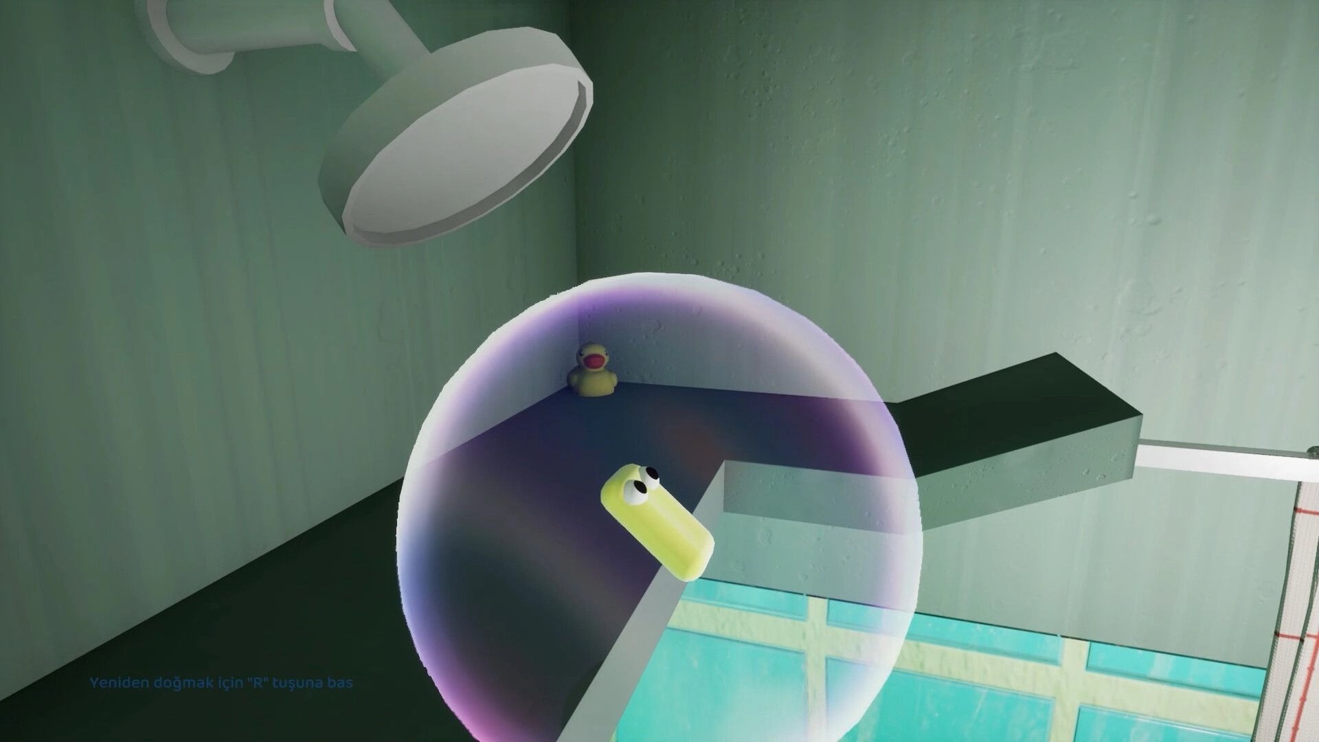 Soap Slide: Soap character in bubble rolling near showerhead in a bathroom environment