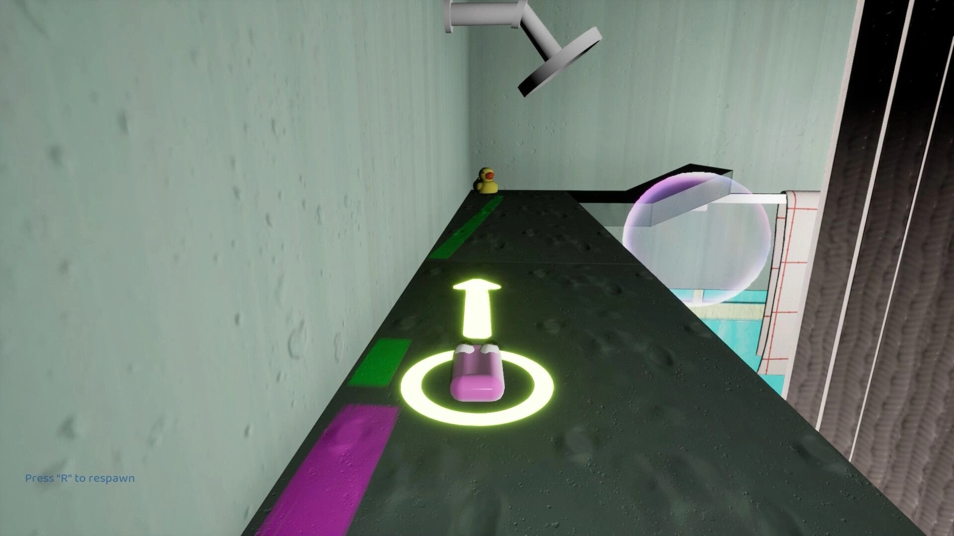 Soap Slide: Pink soap bar on glowing arrow, indoor track with rubber duck and camera above