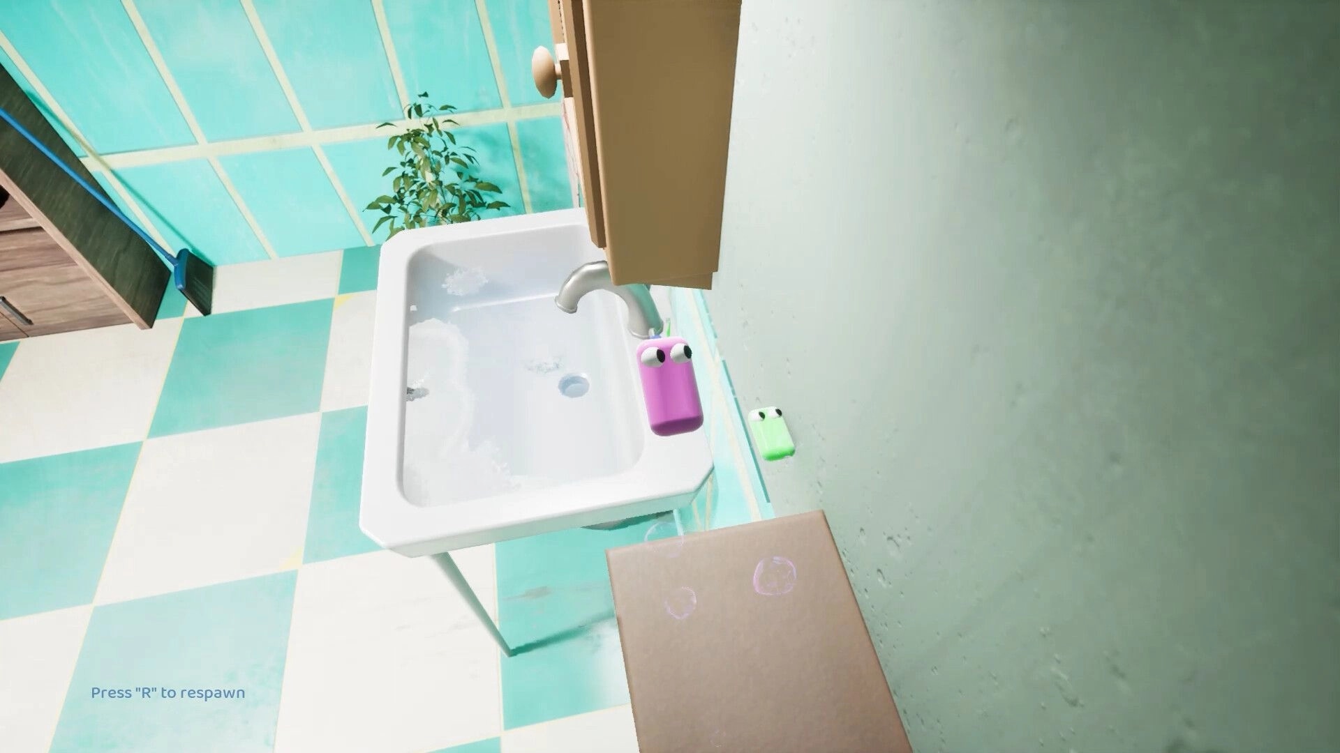 Soap Slide: Purple and green soap bars sliding near a sink in a colorful bathroom environment