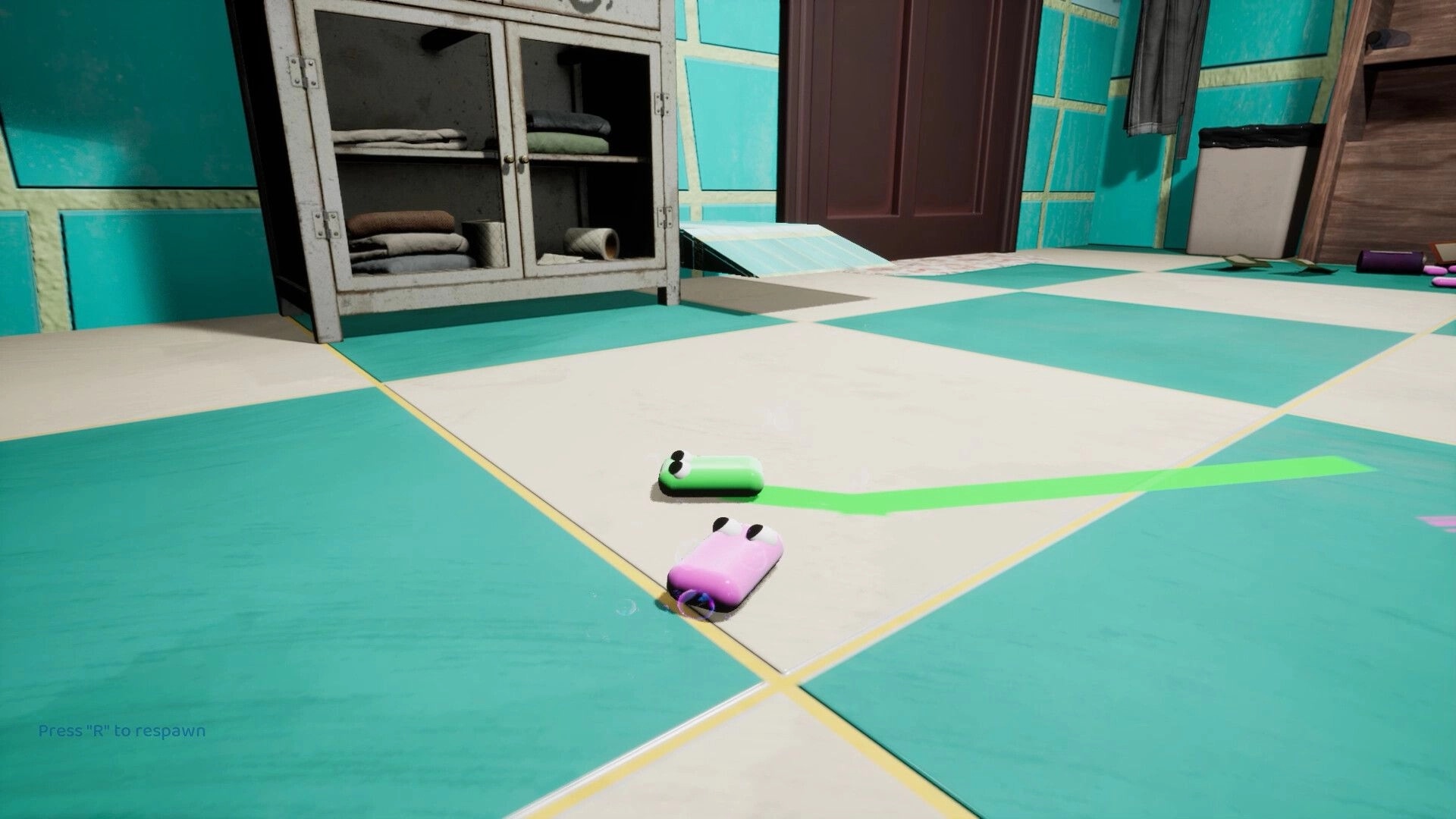 Soap Slide: Soap bars racing on a tiled bathroom floor with a cabinet and green trail marks