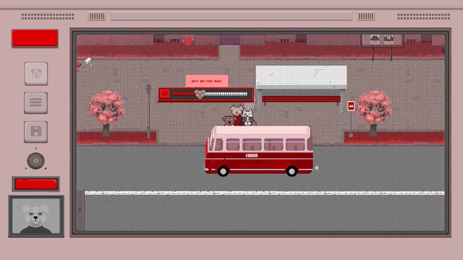 Sobakistan: Dogs board a red bus at a stop with “GET ON THE BUS!” prompt in a pink city street scene.