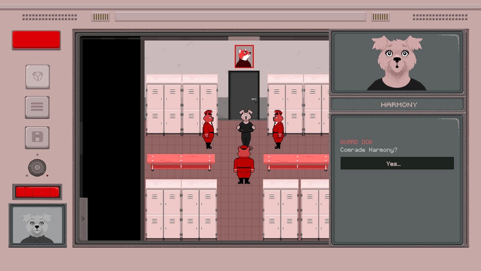 Sobakistan: Harmony confronted by guard dogs in locker room, dialogue box asks “Comrade Harmony?”.