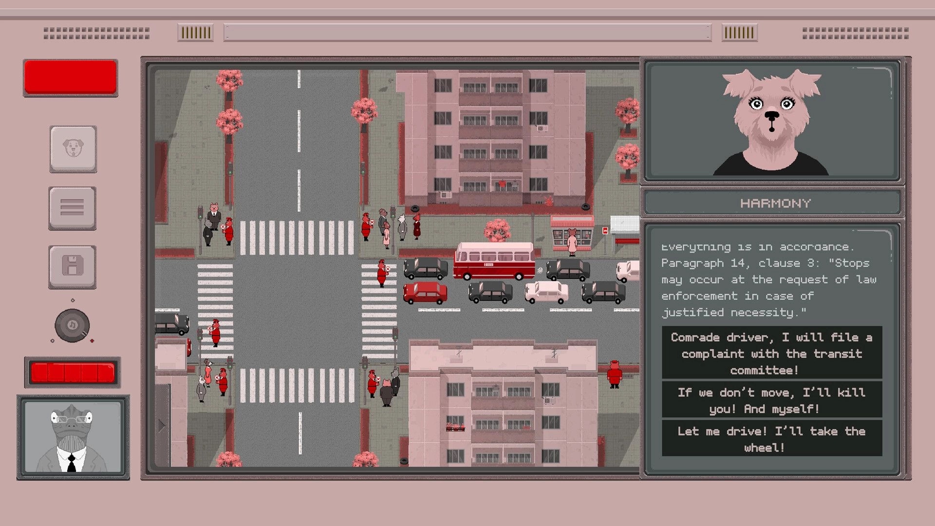 Sobakistan: Traffic stop dialogue with Harmony portrait beside a city intersection of cars and guards.