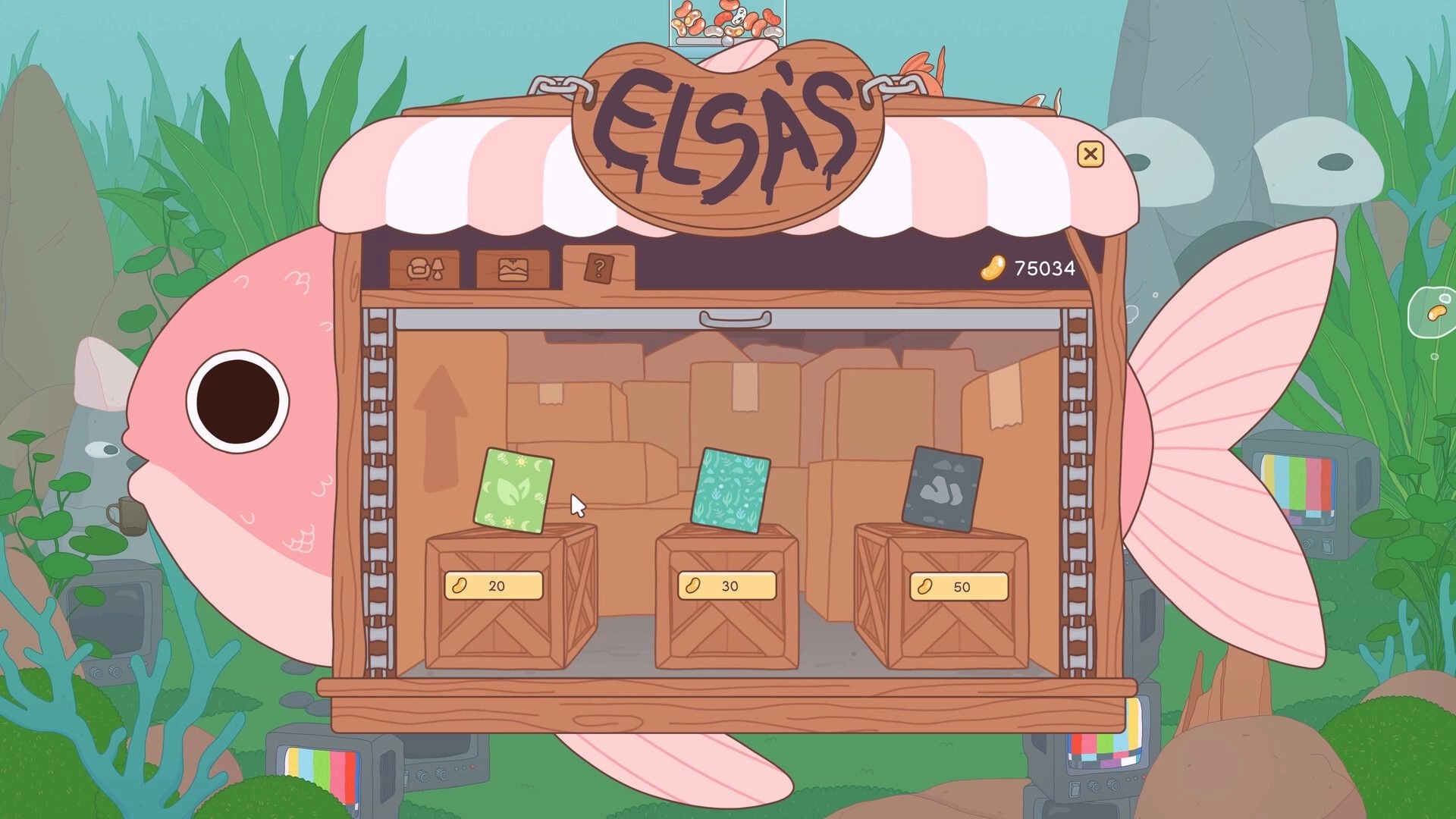 Soggy Beans: Shop interface at Elsa's with three items priced in beans, colorful seascape background.