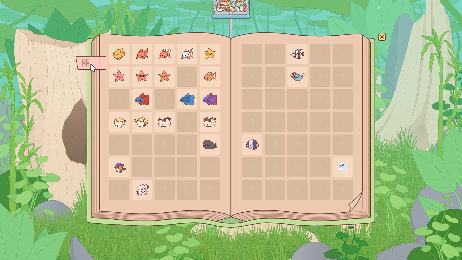 Soggy Beans: Fish collection book open with various fish icons, set in a vibrant underwater seascape.