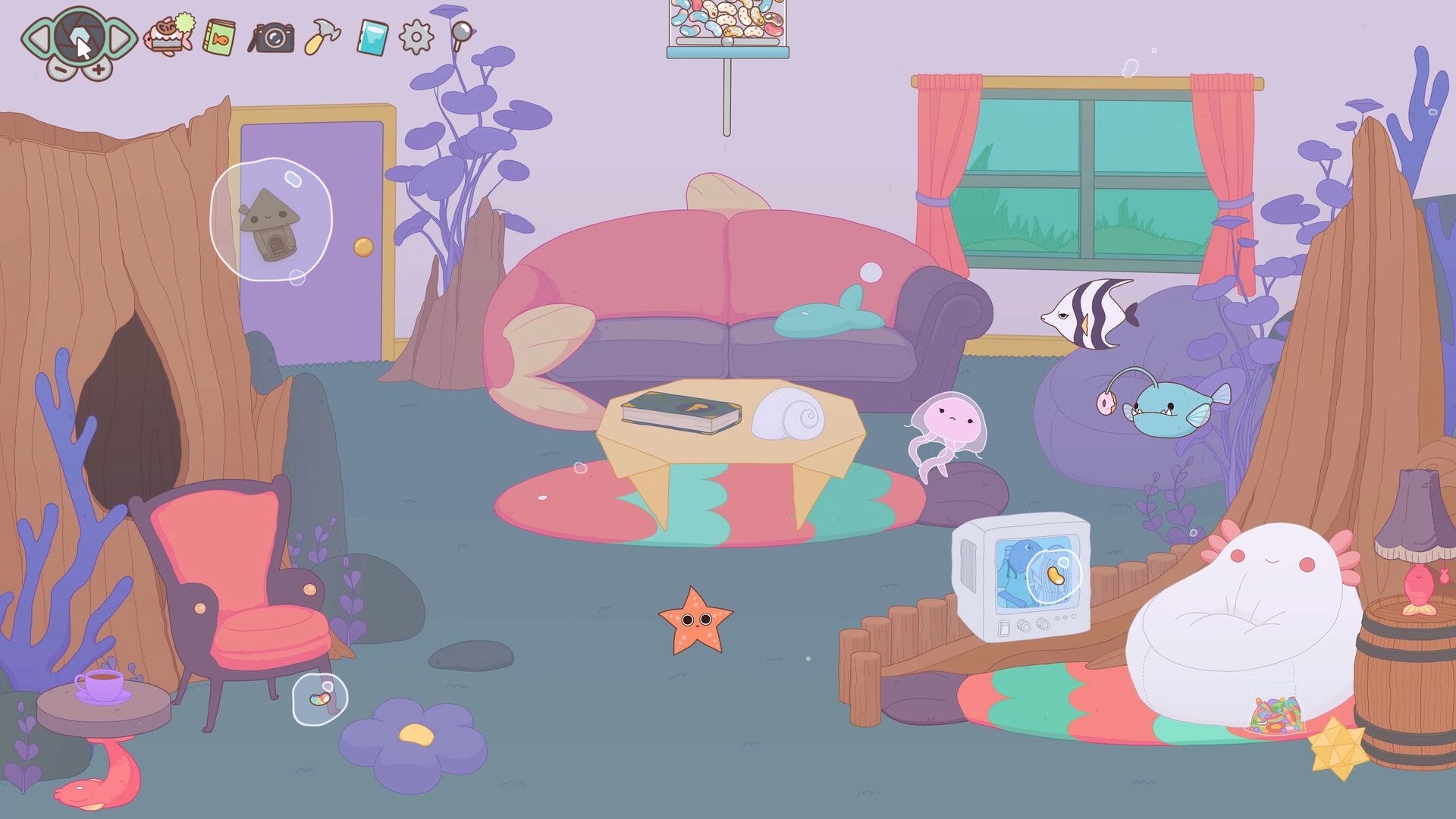 Soggy Beans: Cozy living room with fish swimming, pink couch, jellyfish, and a TV showing a fish.