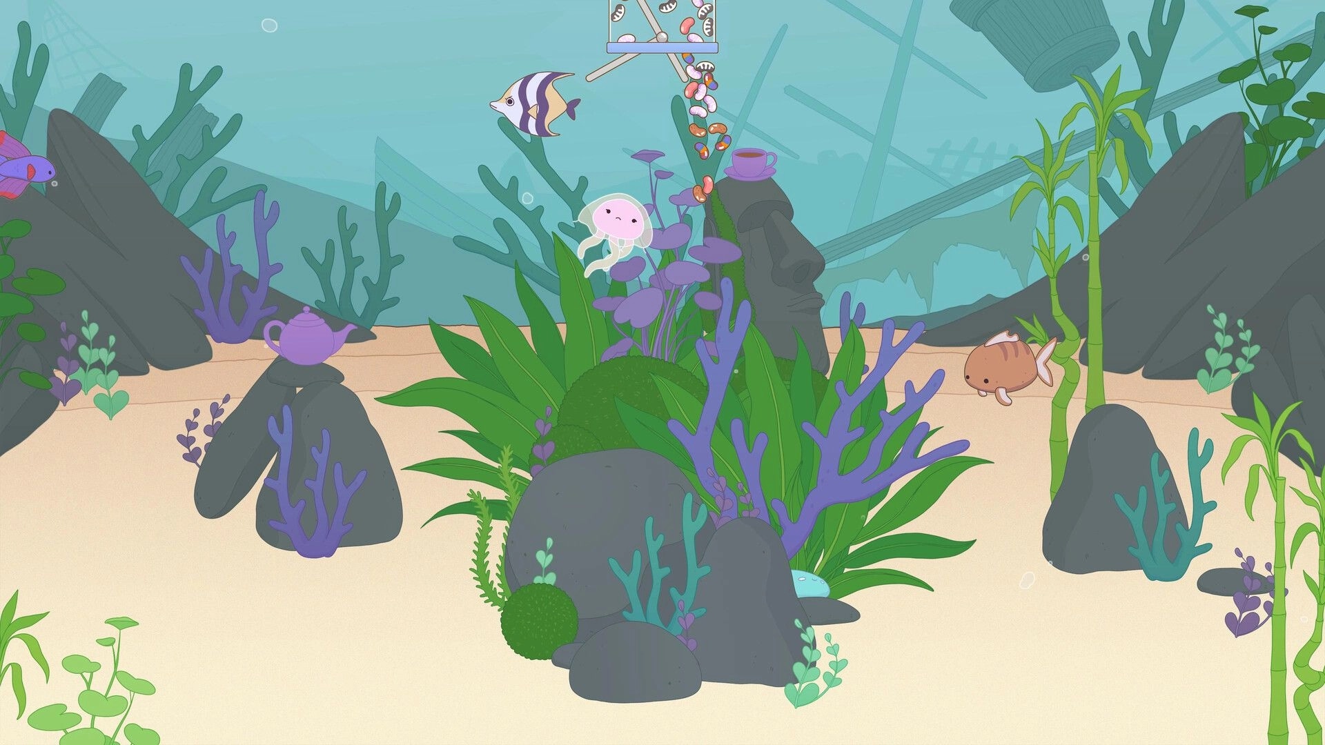 Soggy Beans: Jellyfish and fish swim near colorful corals and rocks in an underwater seascape setting.