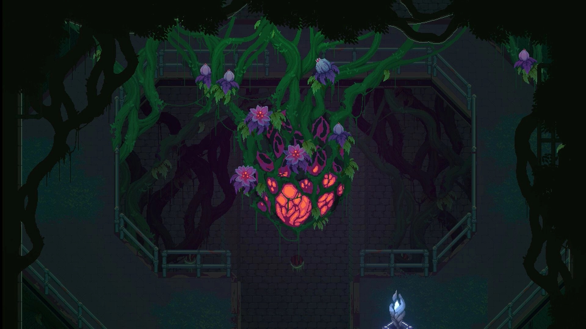 Sojourn Past: Player faces giant glowing plant in a dark, overgrown chamber with twisted vines.