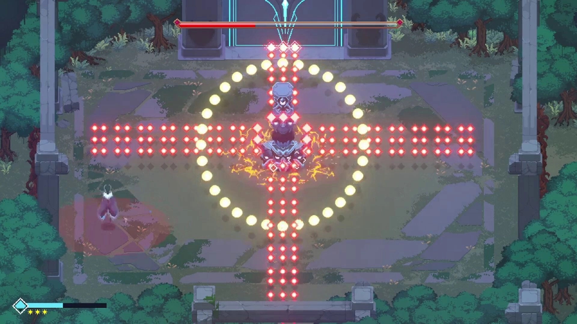 Sojourn Past: Character dodging intricate energy patterns in a forested ruin setting with health bar.