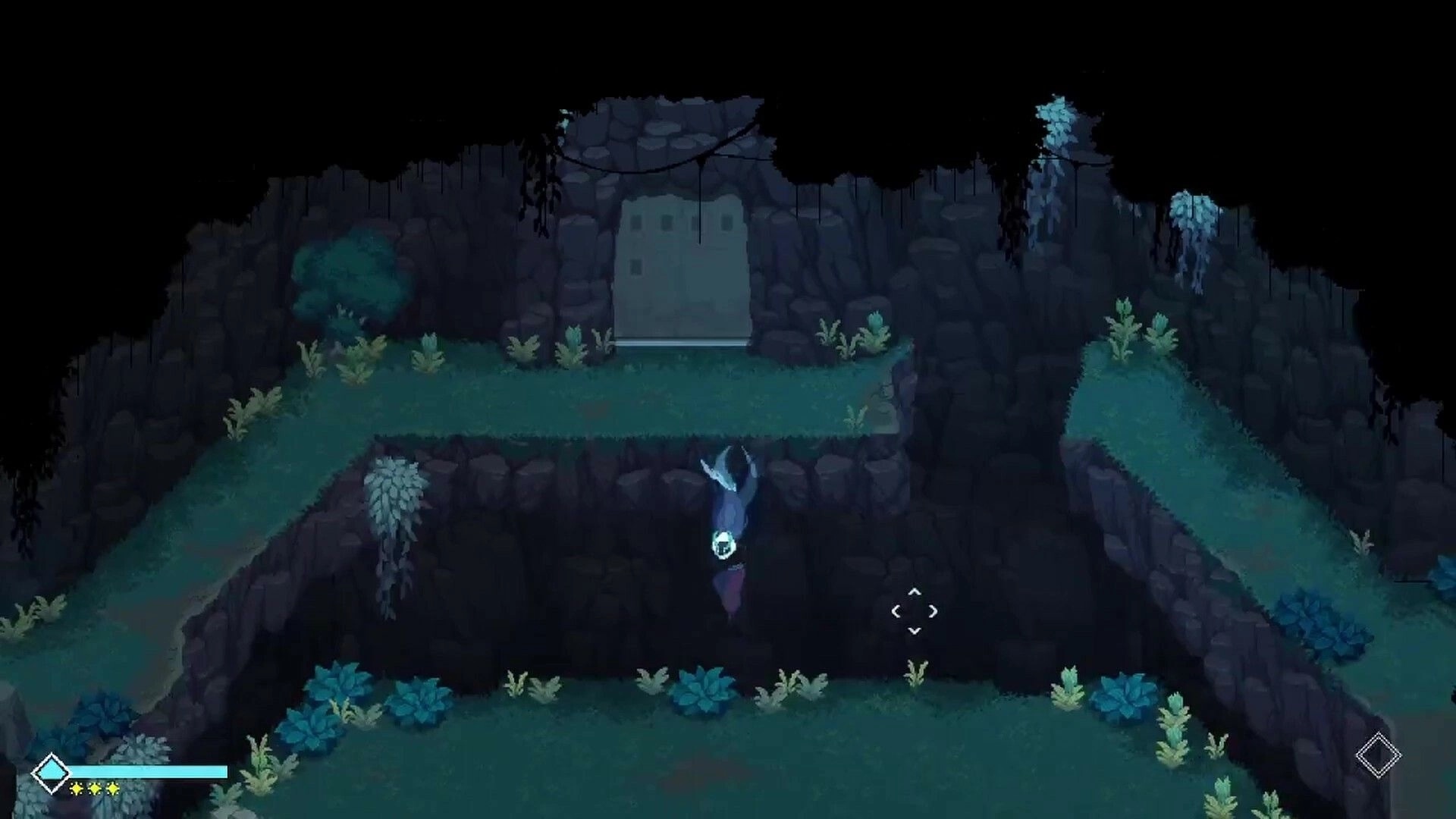 Sojourn Past: Character climbing cliffside in lush, dark cave environment with UI health bar visible