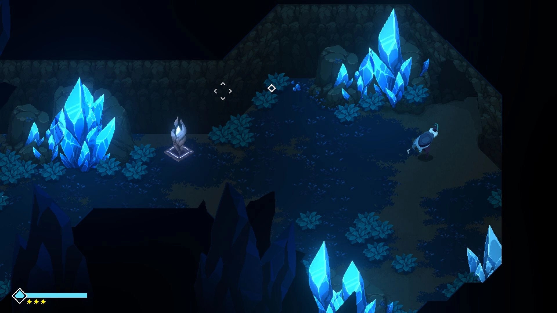 Sojourn Past: Character explores cave with glowing blue crystals and mysterious pedestal