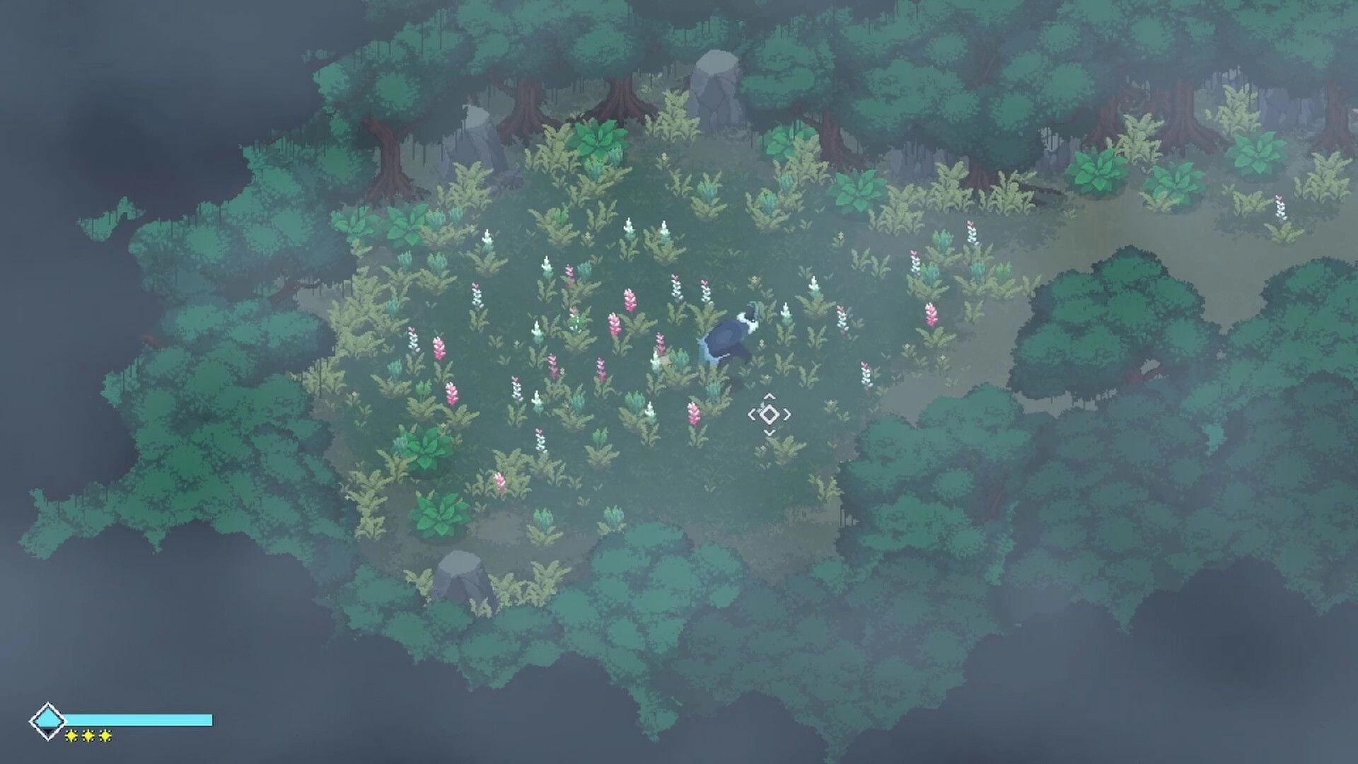Sojourn Past: Character exploring a misty forest clearing with vibrant flowers and lush greenery