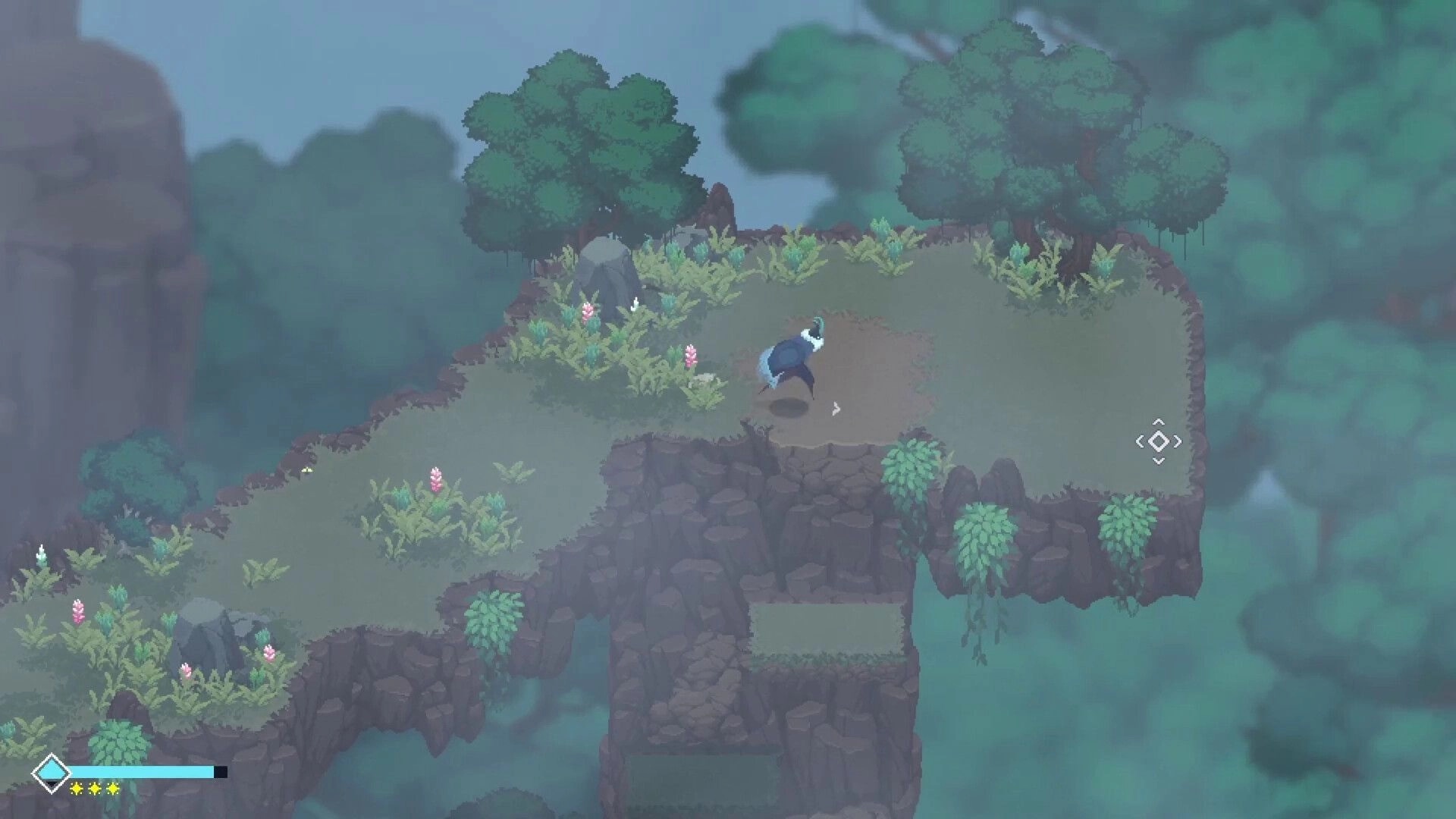 Sojourn Past: Character exploring lush cliffside with health bar and navigation cursor visible