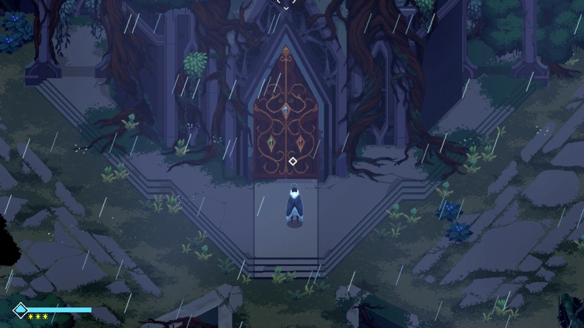 Sojourn Past: Player character faces ornate door amidst rain in a mystical forest environment.