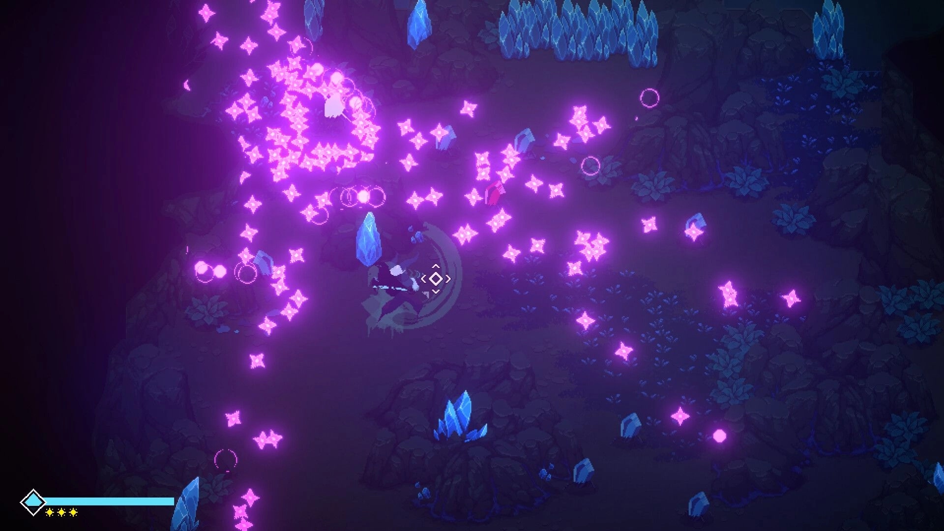 Sojourn Past: Character dodges glowing purple projectiles in a dark crystal-filled cave environment