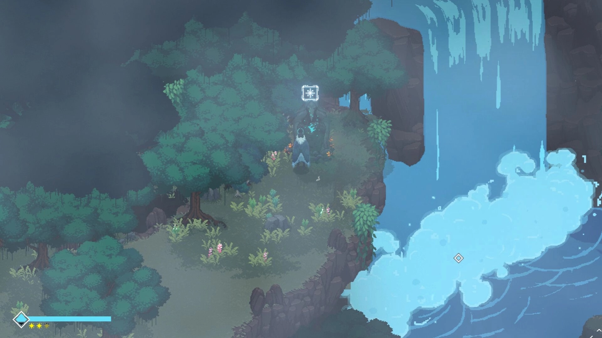 Sojourn Past: Character explores misty forest cliffside near a cascading waterfall with glowing icon nearby.