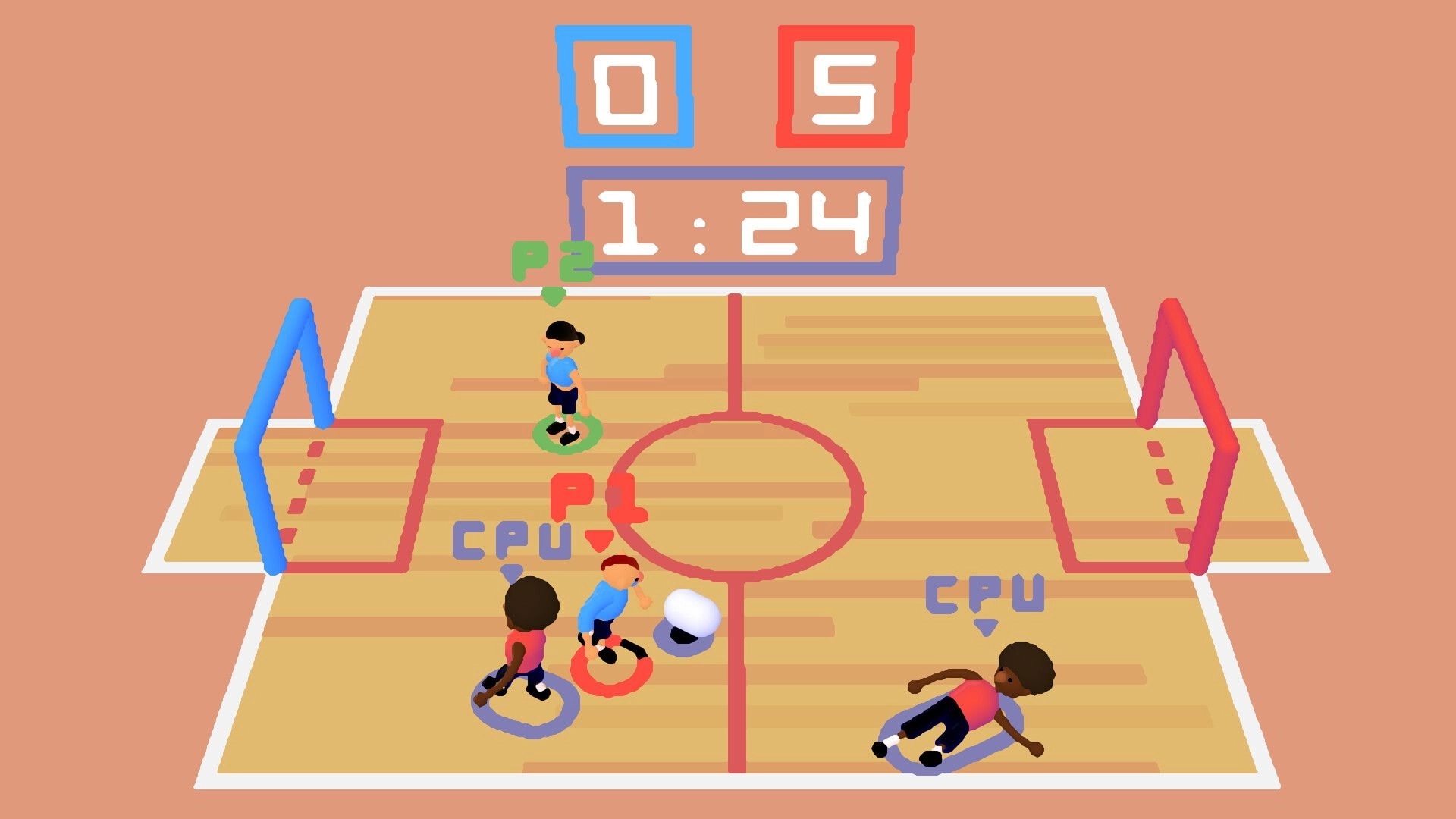 Sokker: Players P1 and P2 face CPU opponents on a colorful indoor court with a digital scoreboard.
