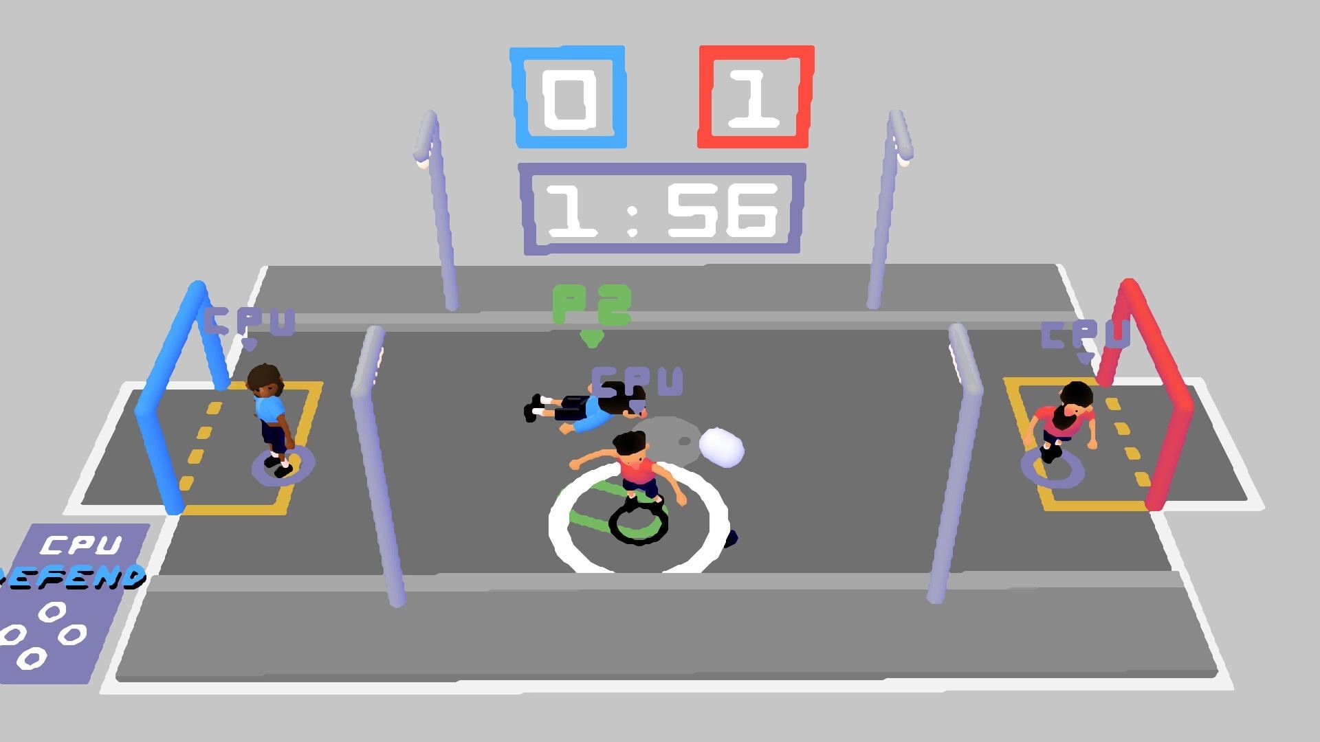 Sokker: Player 2 and CPU in soccer match, score 0-1, time 1:56, on gray field with blue, red goals