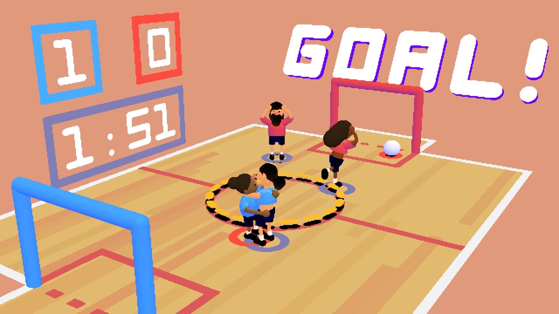 Sokker: Blue team celebrates a goal on indoor court with scoreboard showing 1-0 and timer at 1:51.