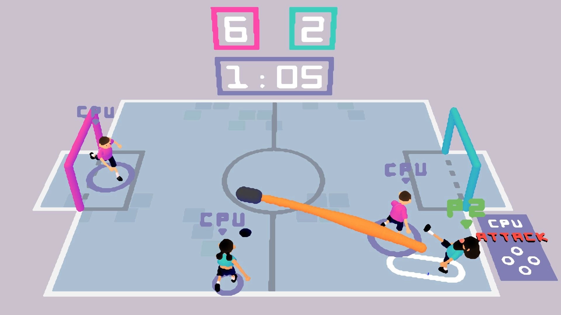 Sokker: Players and CPU compete on a soccer field with a visible scoreboard and timer at the top.