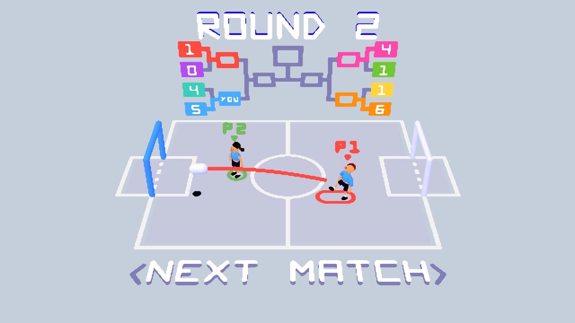 Sokker: P1 and P2 soccer match in progress on virtual field, scoreboard showing Round 2, Next Match option