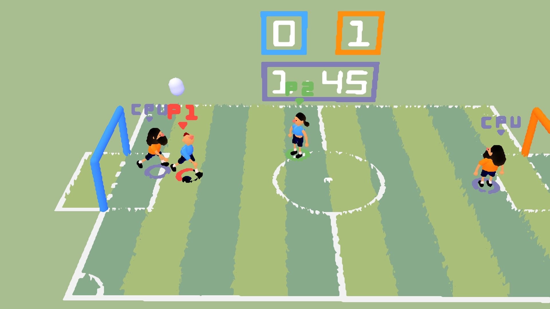 Sokker: Player P1 and CPU1 compete near the goal with a score of 0-1 on a bright, grassy field.