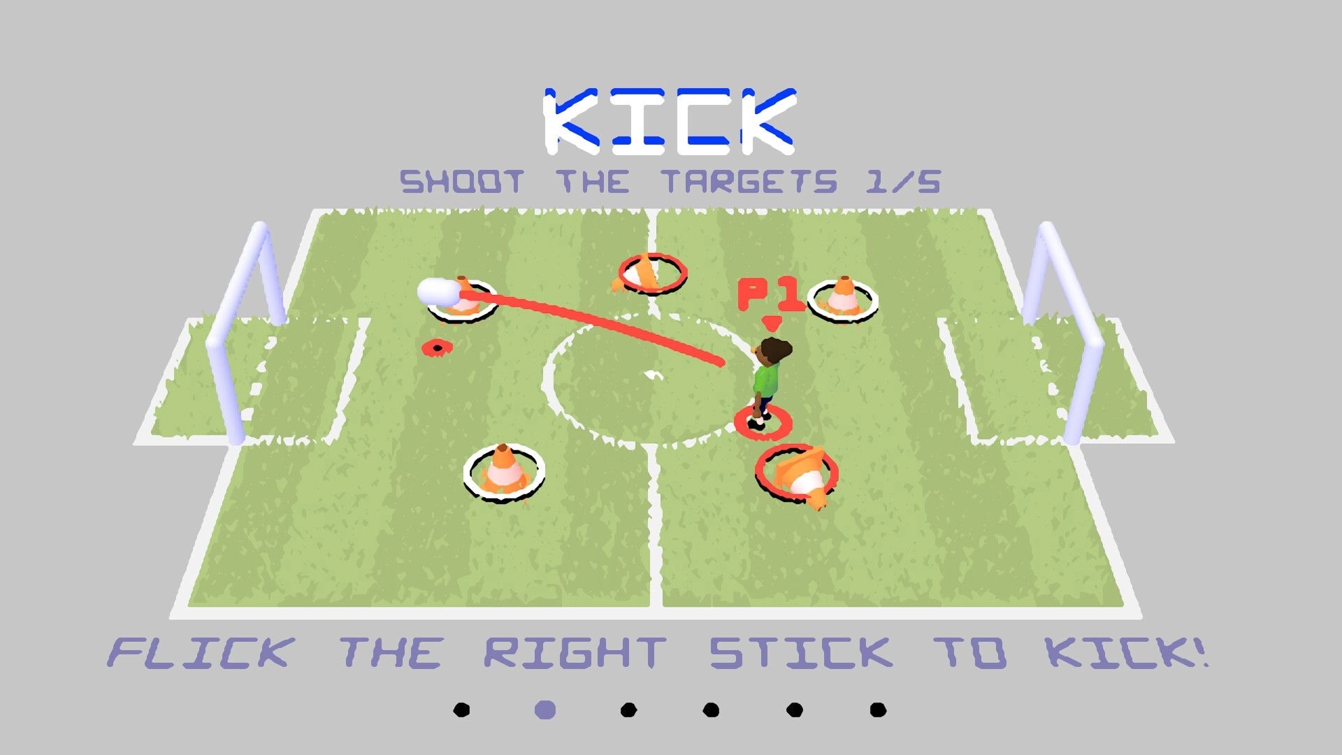 Sokker: Player 1 kicks a ball towards targets on a grassy field with instructions displayed above