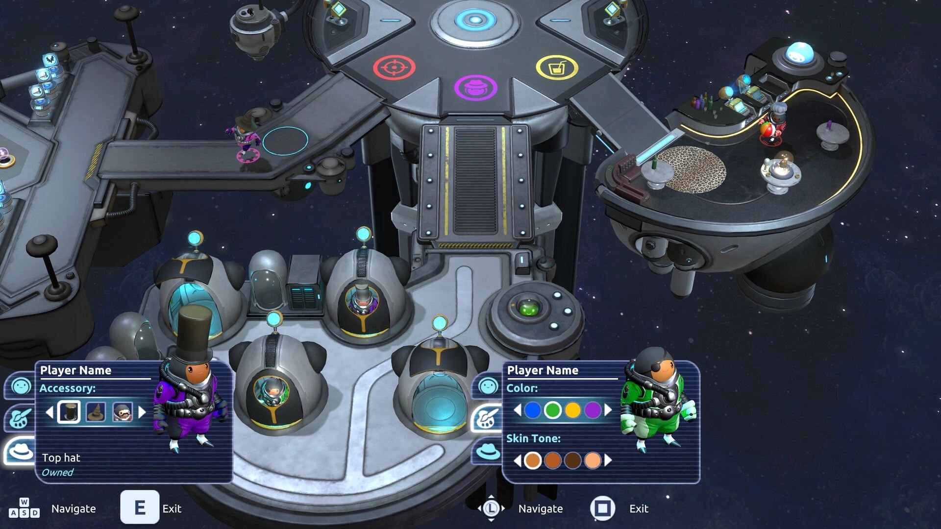 Sol Mates: Character customization on a space station with accessory and color selection menus visible.