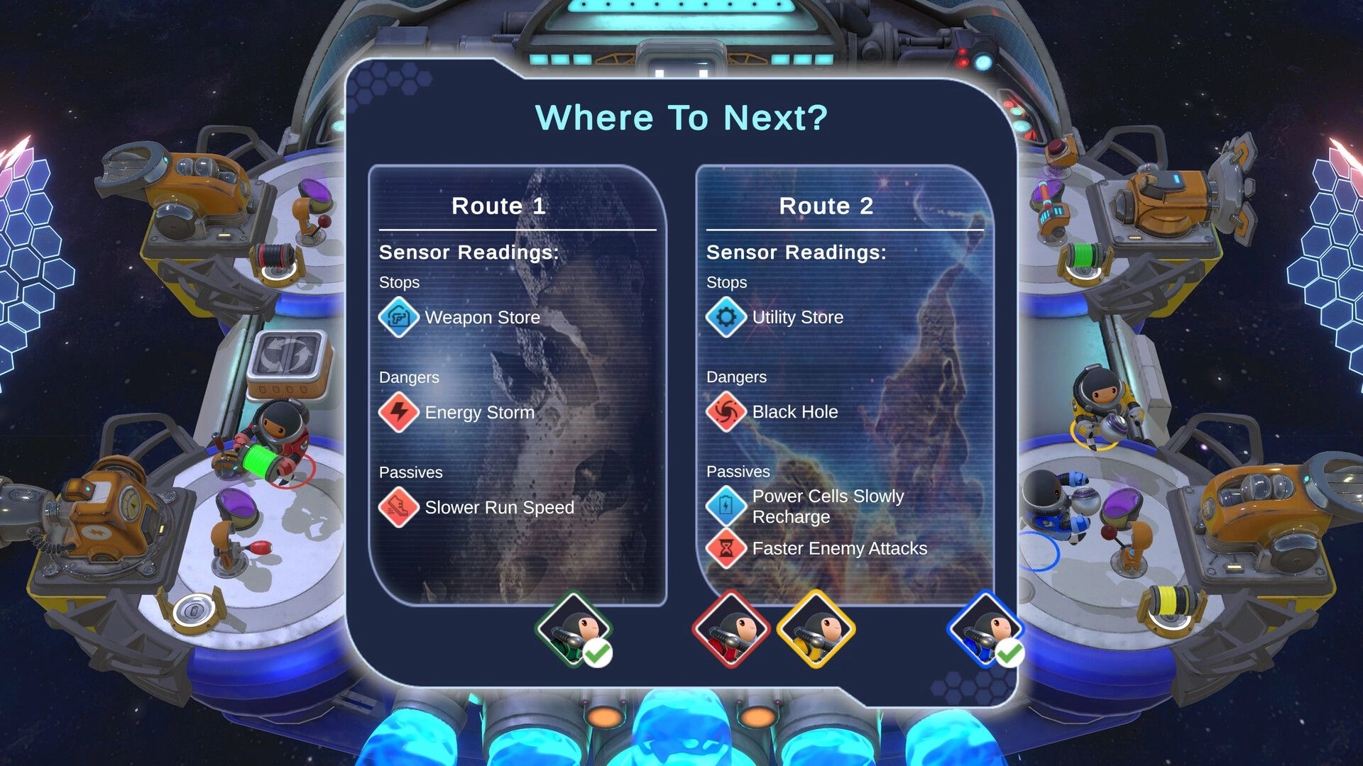 Sol Mates: Route selection screen with two options, visible characters, and detailed sensor readings.