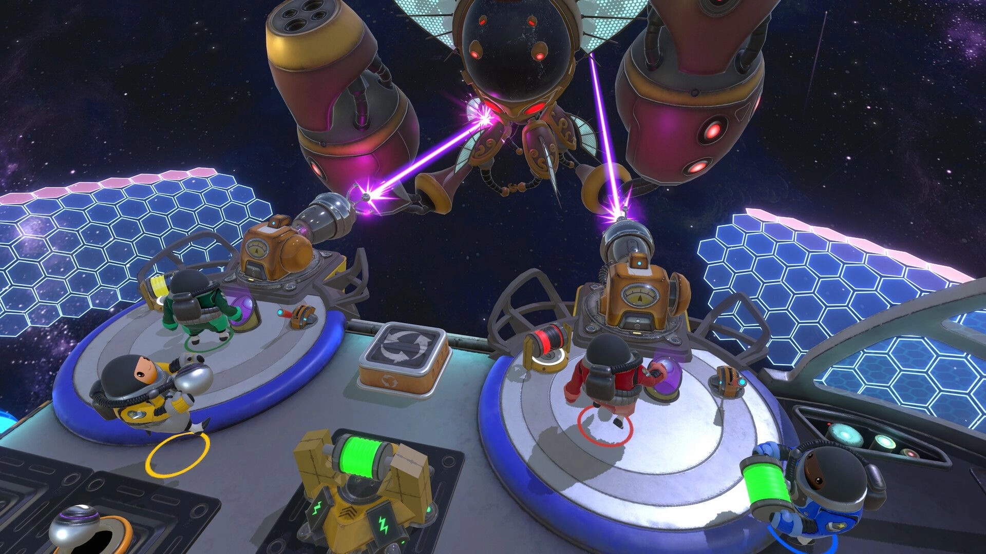 Sol Mates: Players operate laser cannons on a spaceship battling a large robotic enemy in space.