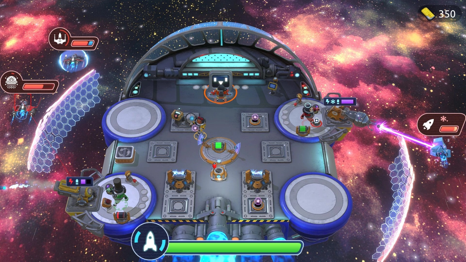 Sol Mates: Players manage ship systems in a vibrant galaxy with enemies attacking from all sides.