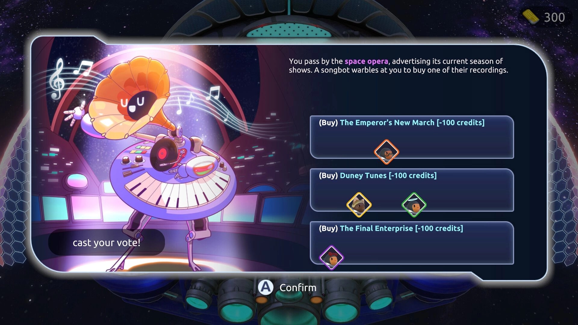 Sol Mates: Space opera shop with songbot offering music selections for purchase in a space station.