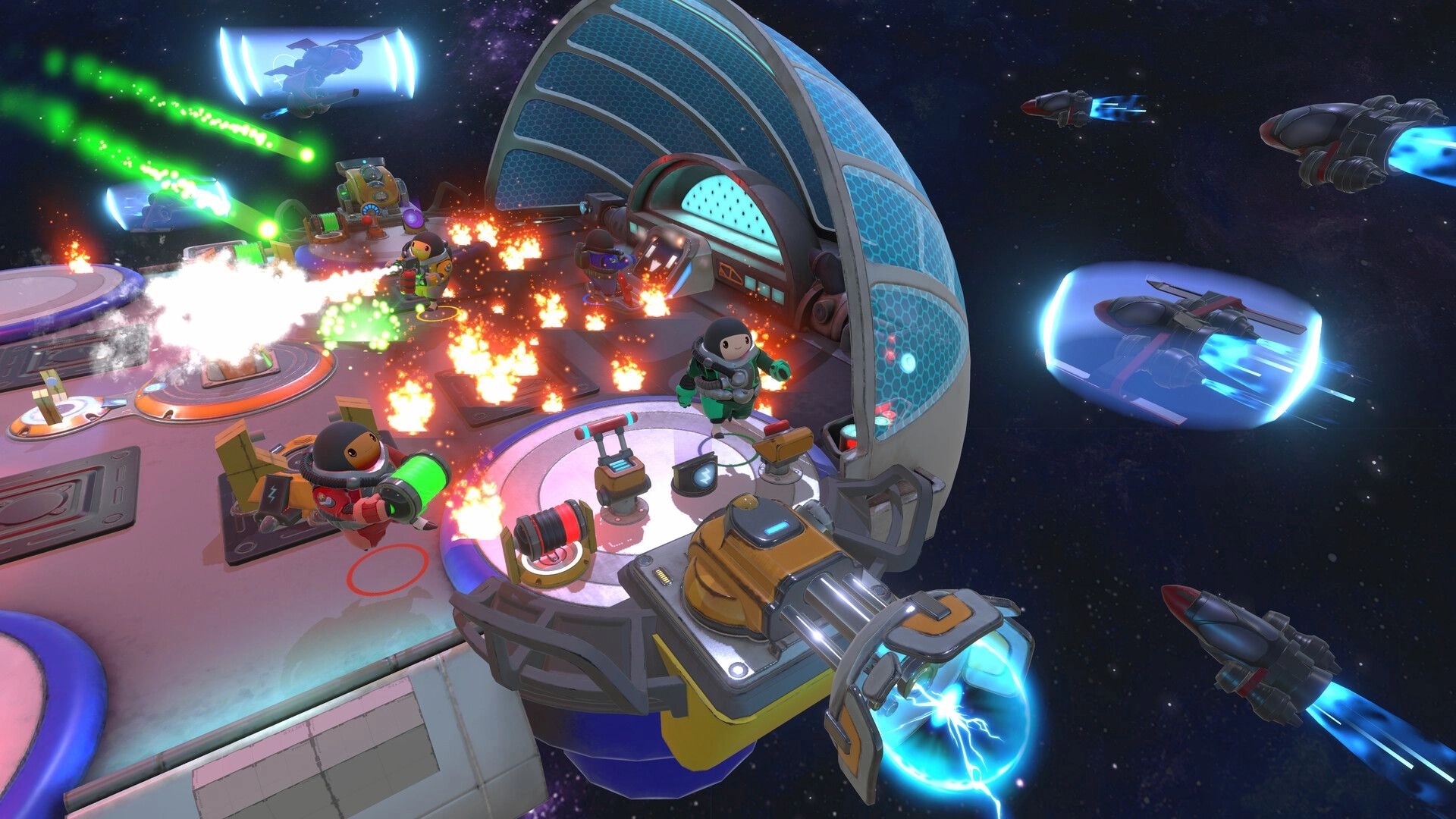 Sol Mates: Players extinguish fires on spaceship's deck while dodging enemy attacks in outer space.