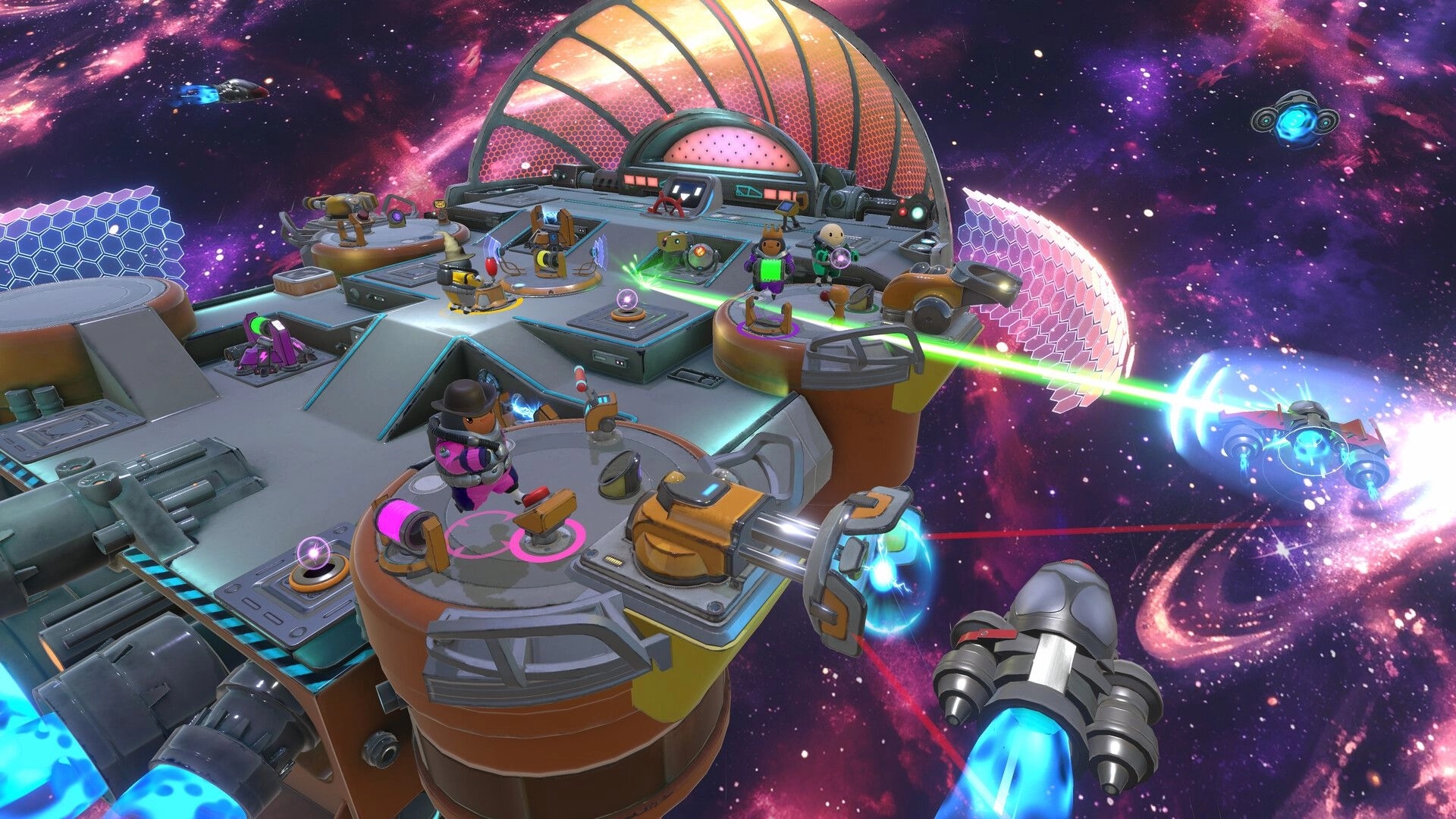 Sol Mates: Characters repair ship mid-battle with lasers and shields active in outer space arena.