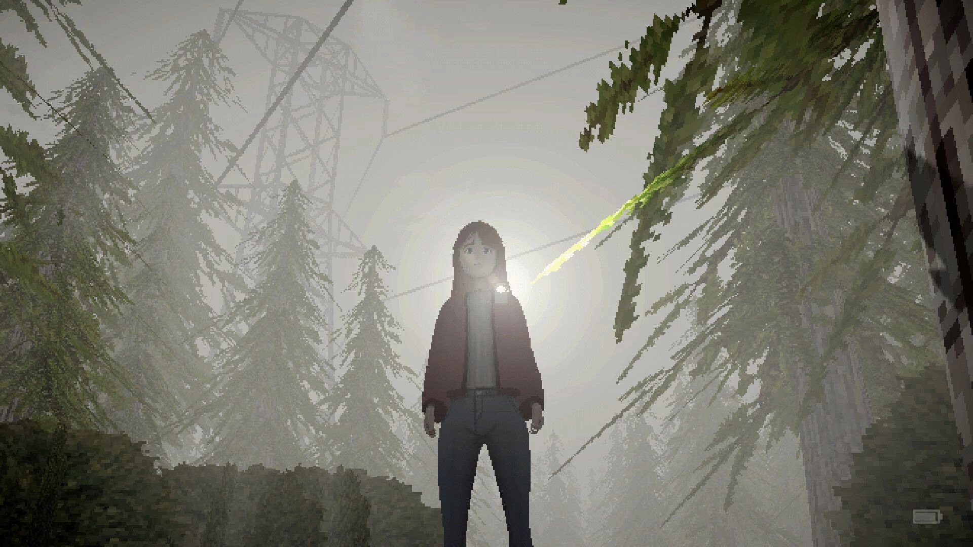 Solace Creek: Girl stands under bright sun glare in foggy pine forest with power lines overhead.